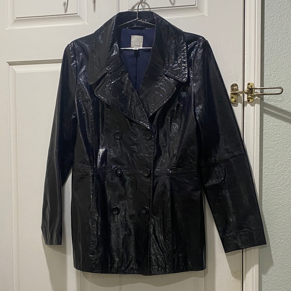 Navy Classic Double-Breasted Leather Women's Jacket